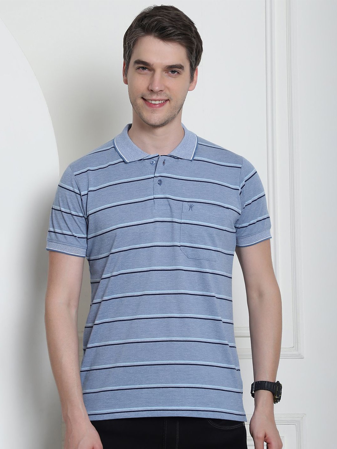 

VENITIAN Men Striped Polo Collar Pockets T-shirt, Blue