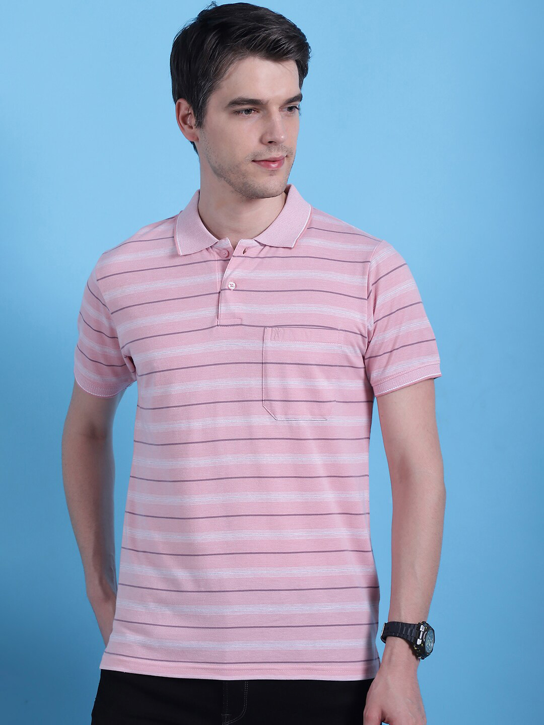 

VENITIAN Men Striped Polo Collar Pockets T-shirt, Pink