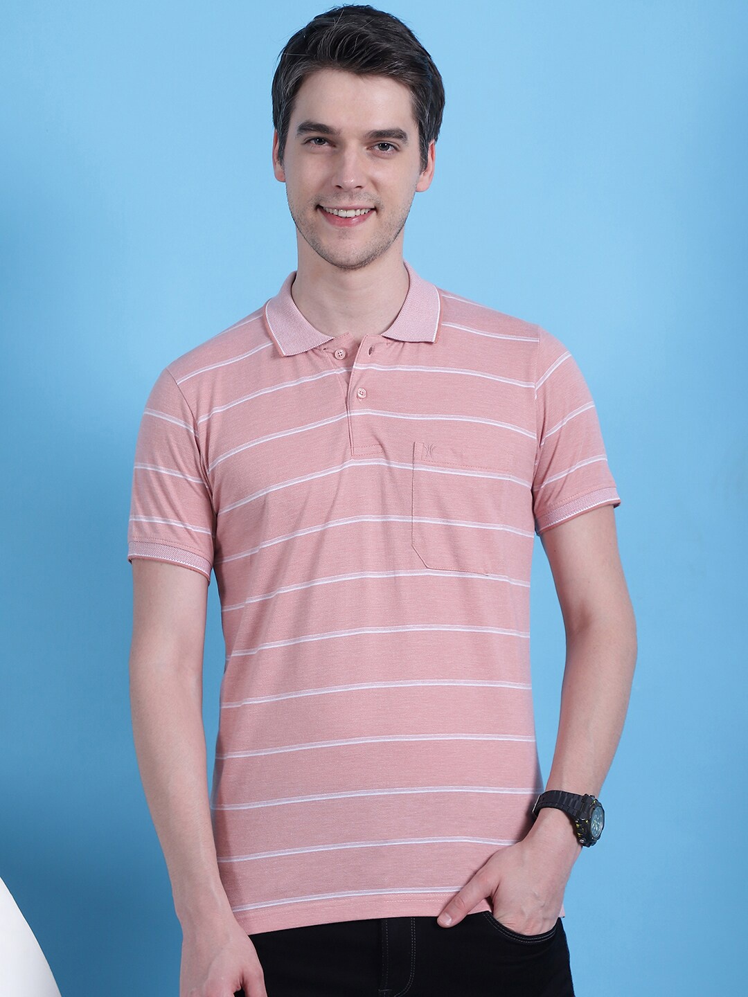 

VENITIAN Men Striped Polo Collar Pockets T-shirt, Pink