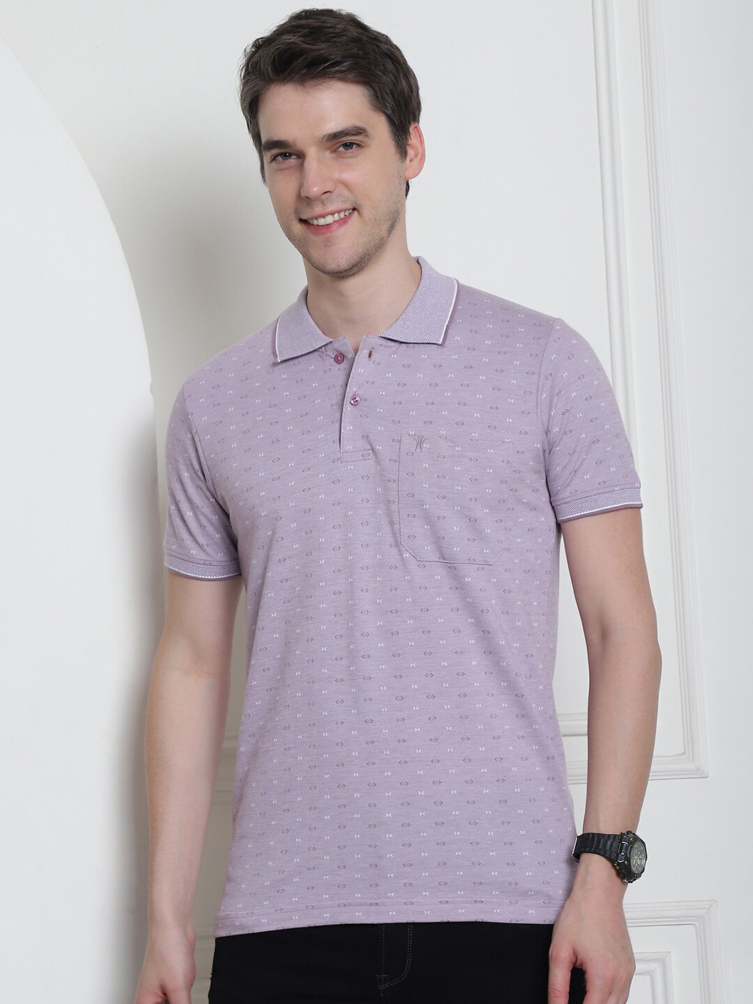 

VENITIAN Men Micro Printed Polo Collar Pockets T-shirt, Lavender