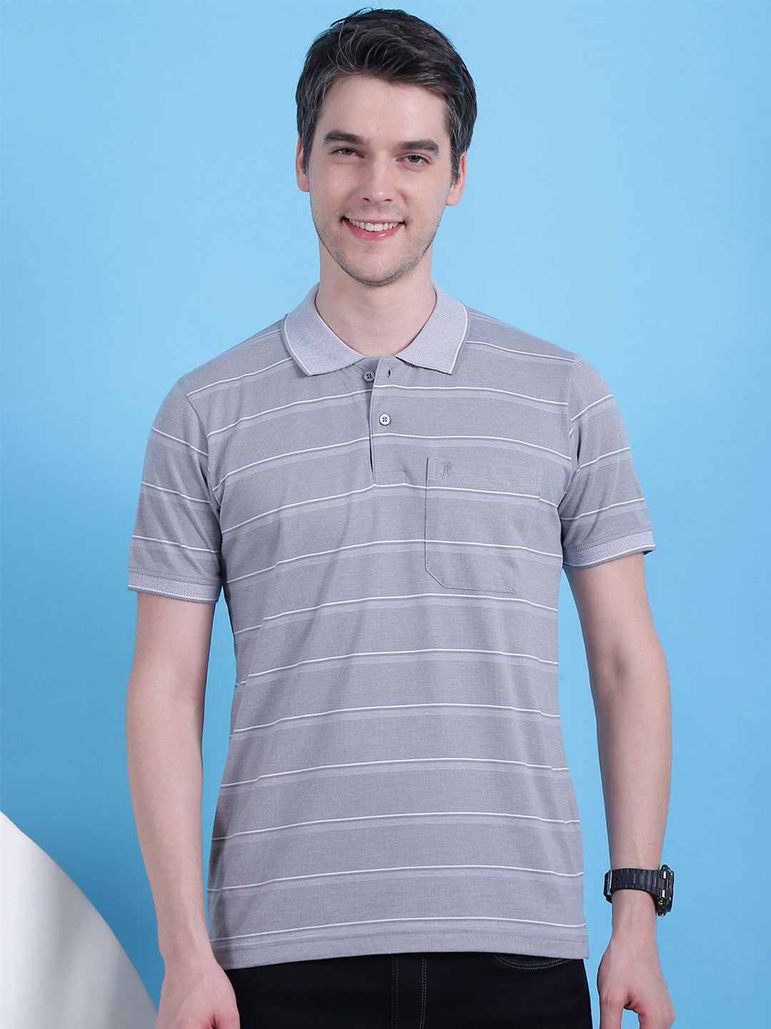 

VENITIAN Men Striped Polo Collar Pocket T-shirt, Silver