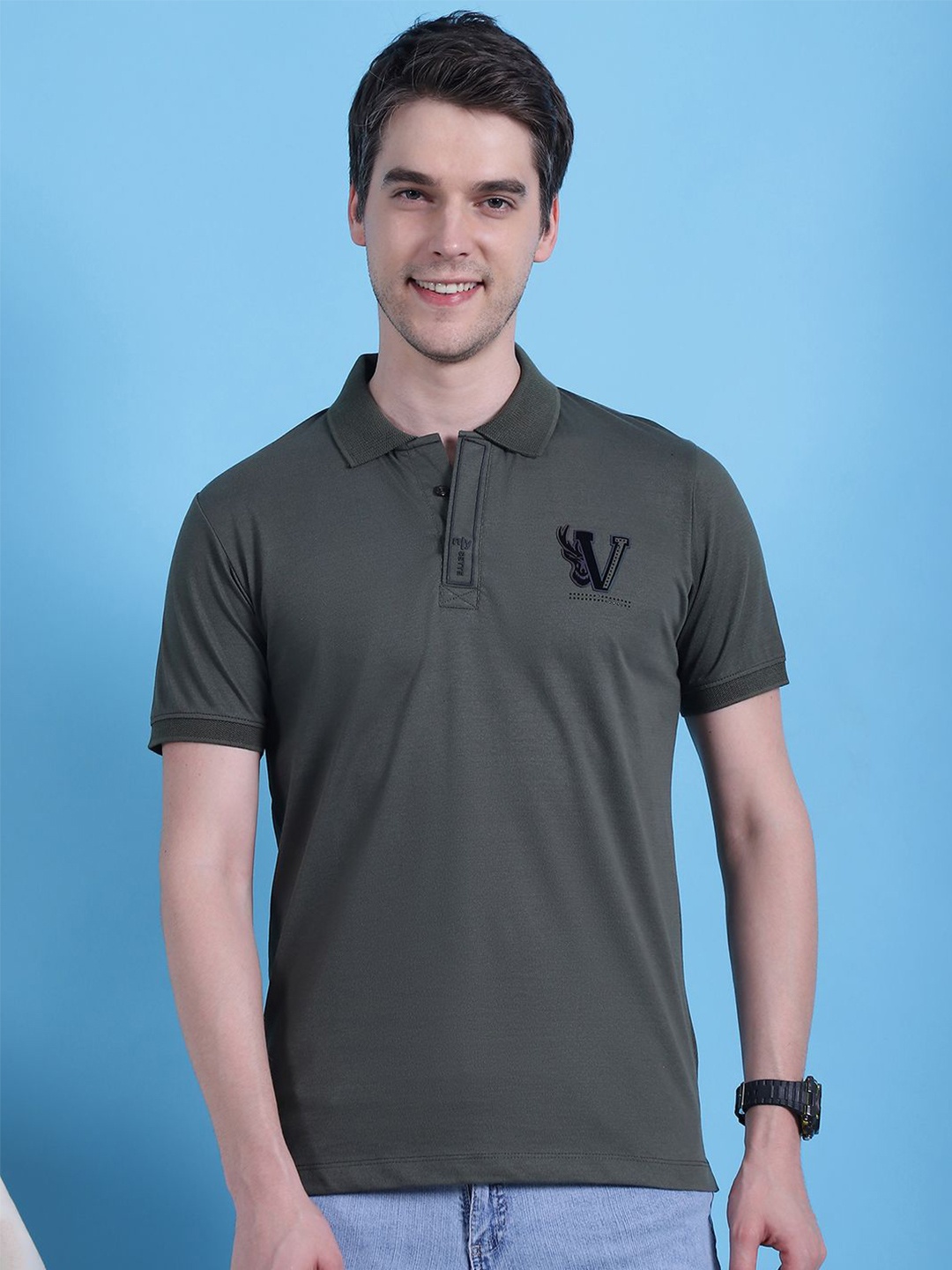 

VENITIAN Men Applique Polo Collar T-shirt, Olive