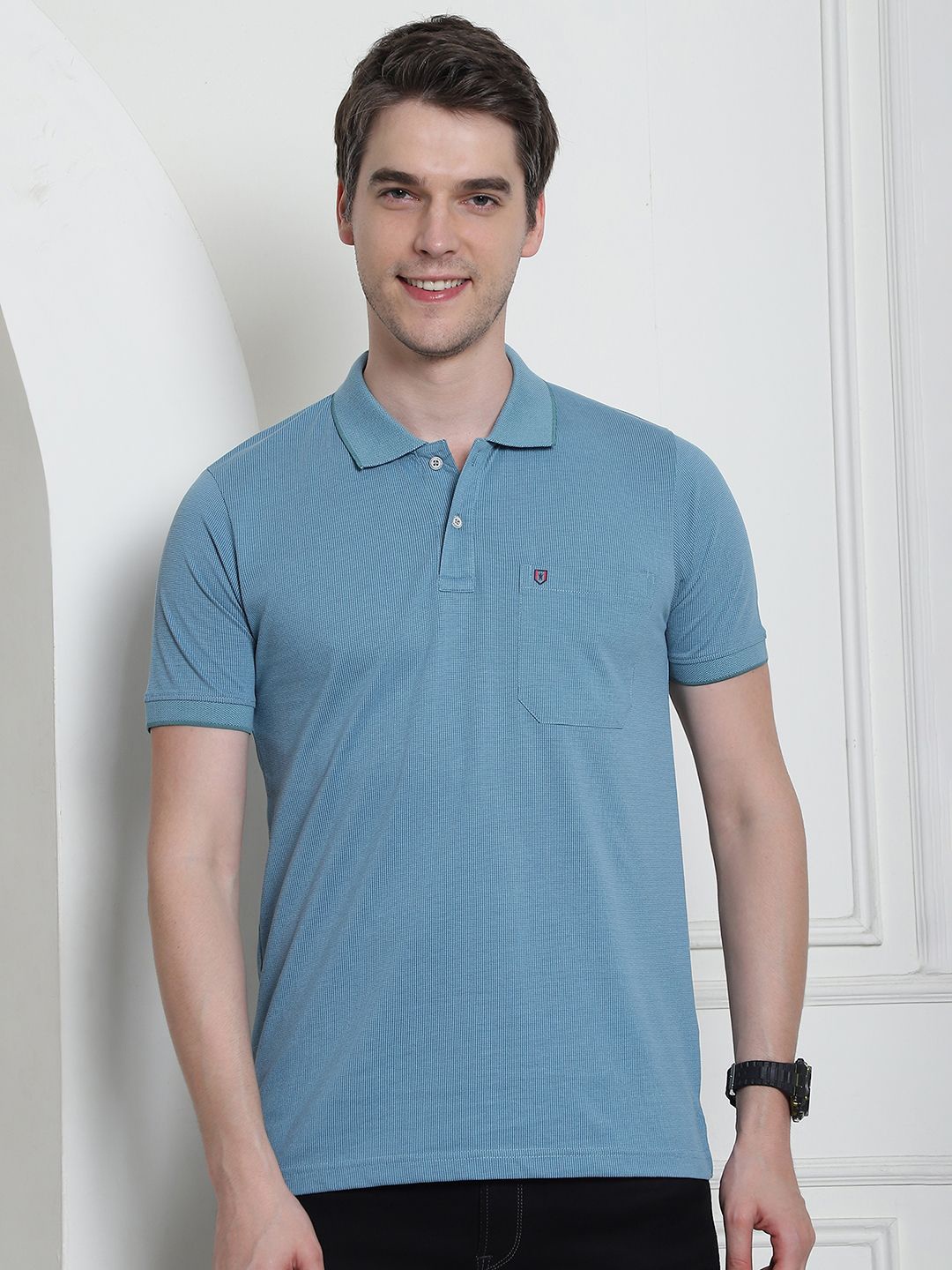 

VENITIAN Men Applique Solid Polo Collar T-shirt, Teal