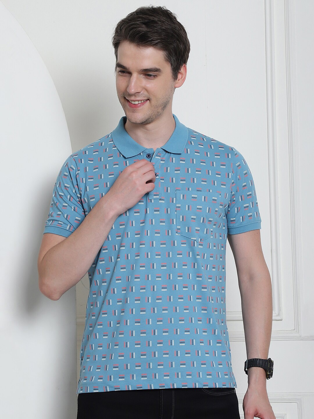 

VENITIAN Men Conversational Printed Polo Collar Pocket Slim Fit T-shirt, Teal
