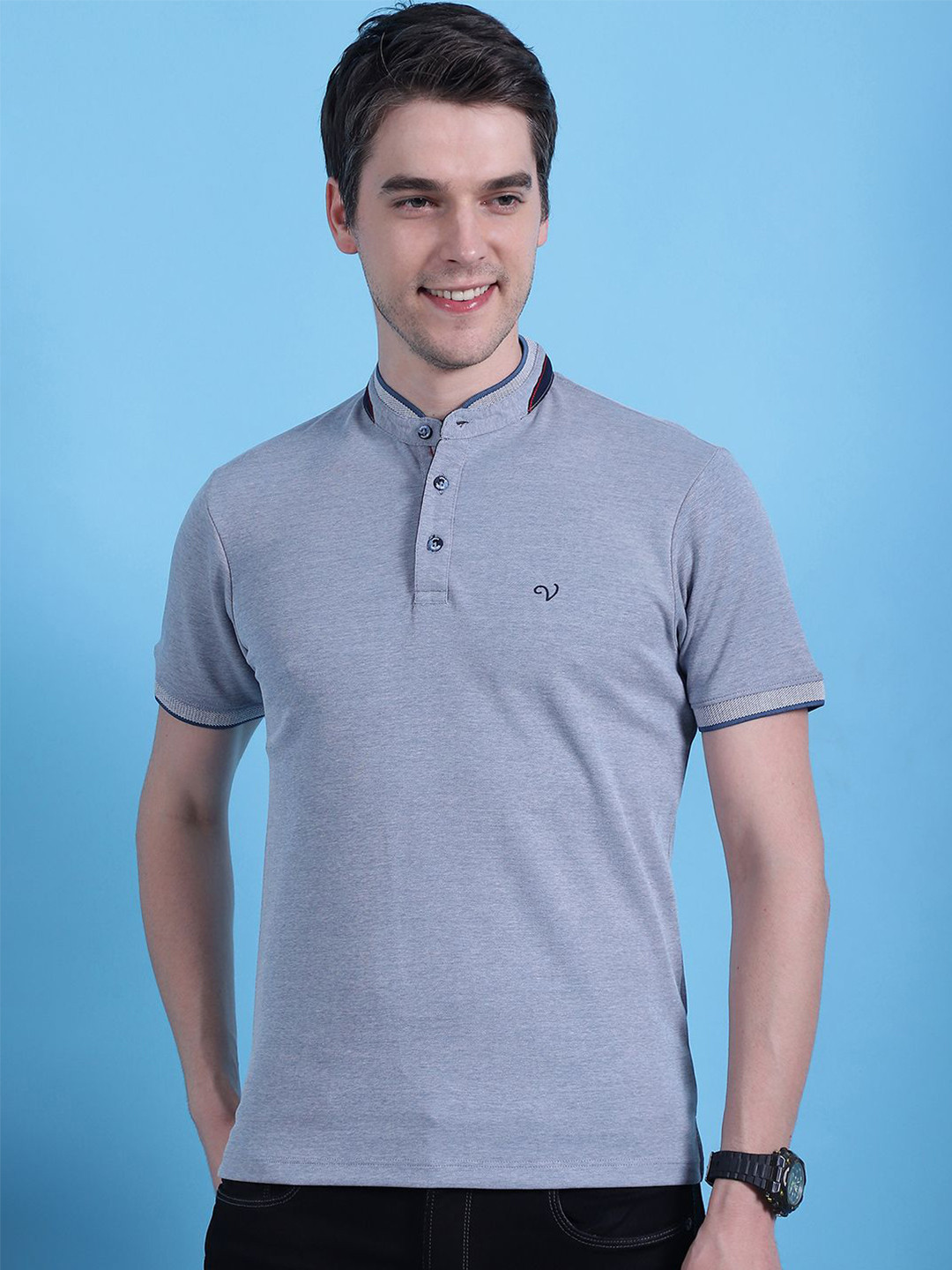 

VENITIAN Men Mandarin Brand Logo Collar T-shirt, Blue