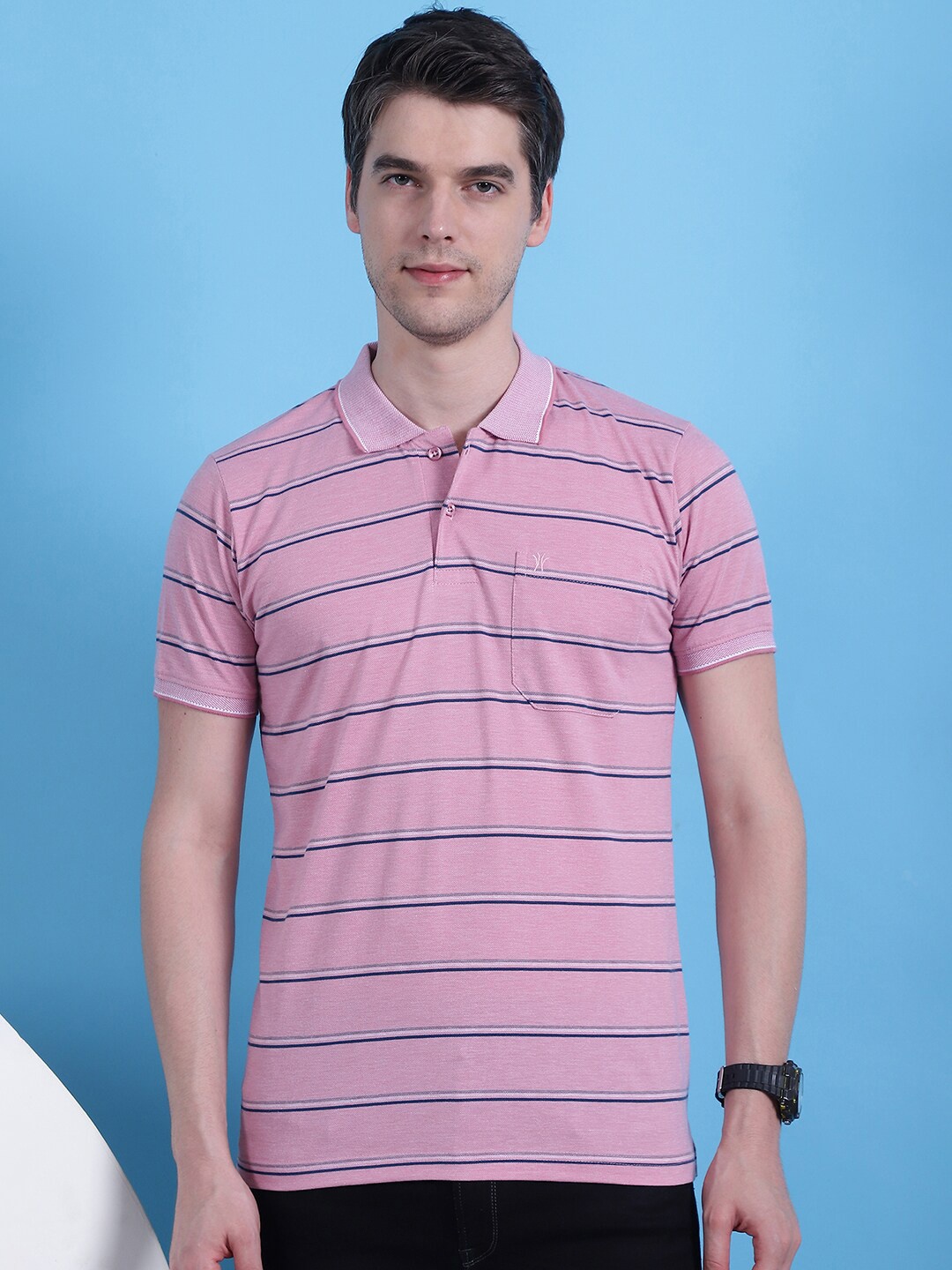 

VENITIAN Men Striped Polo Collar Pockets T-shirt, Coral