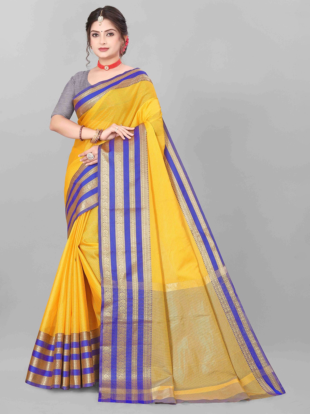 

MAGNEITTA Striped Zari Organza Saree, Yellow