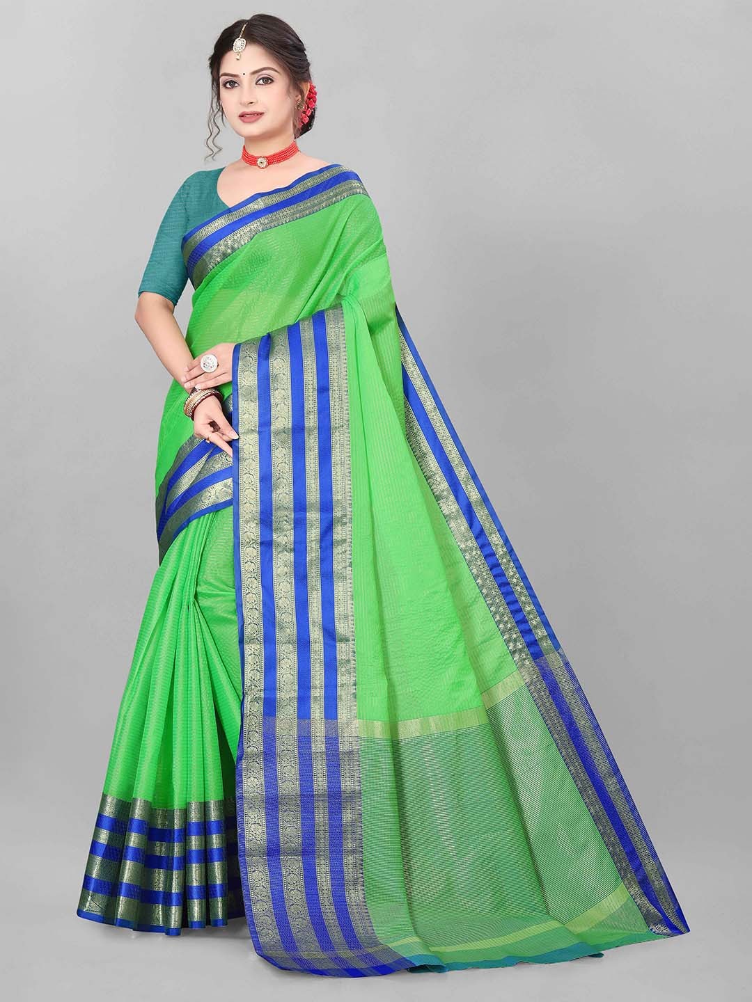 

MAGNEITTA Striped Zari Organza Saree, Green