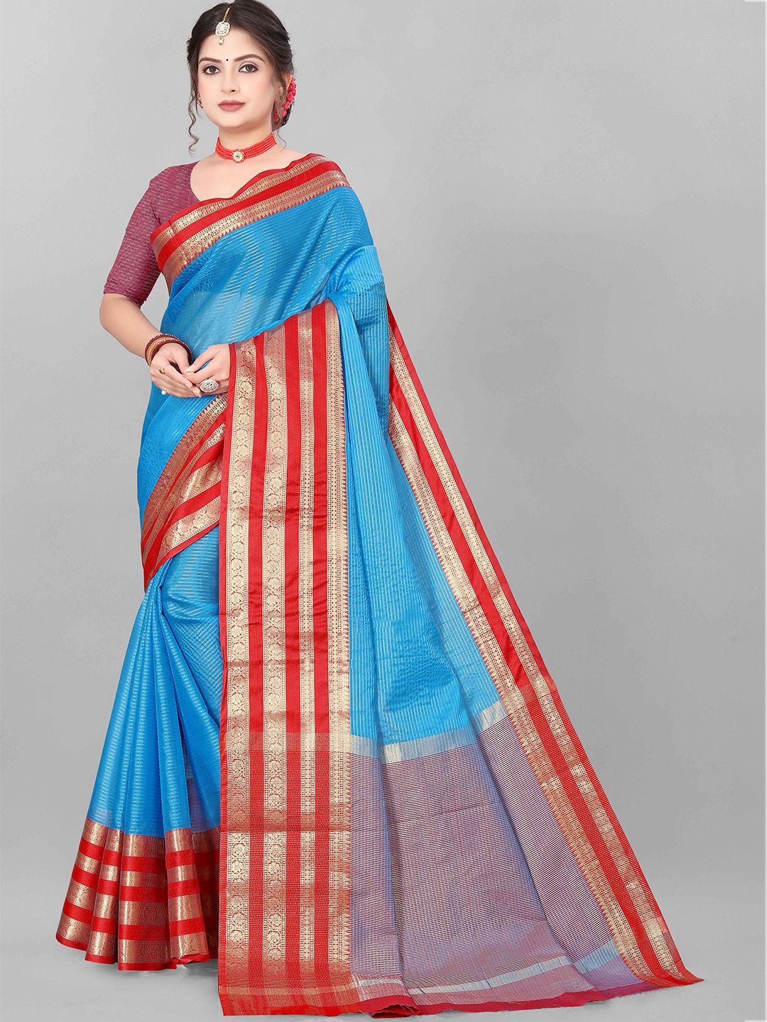 

MAGNEITTA Striped Zari Organza Saree With Blouse Piece, Blue