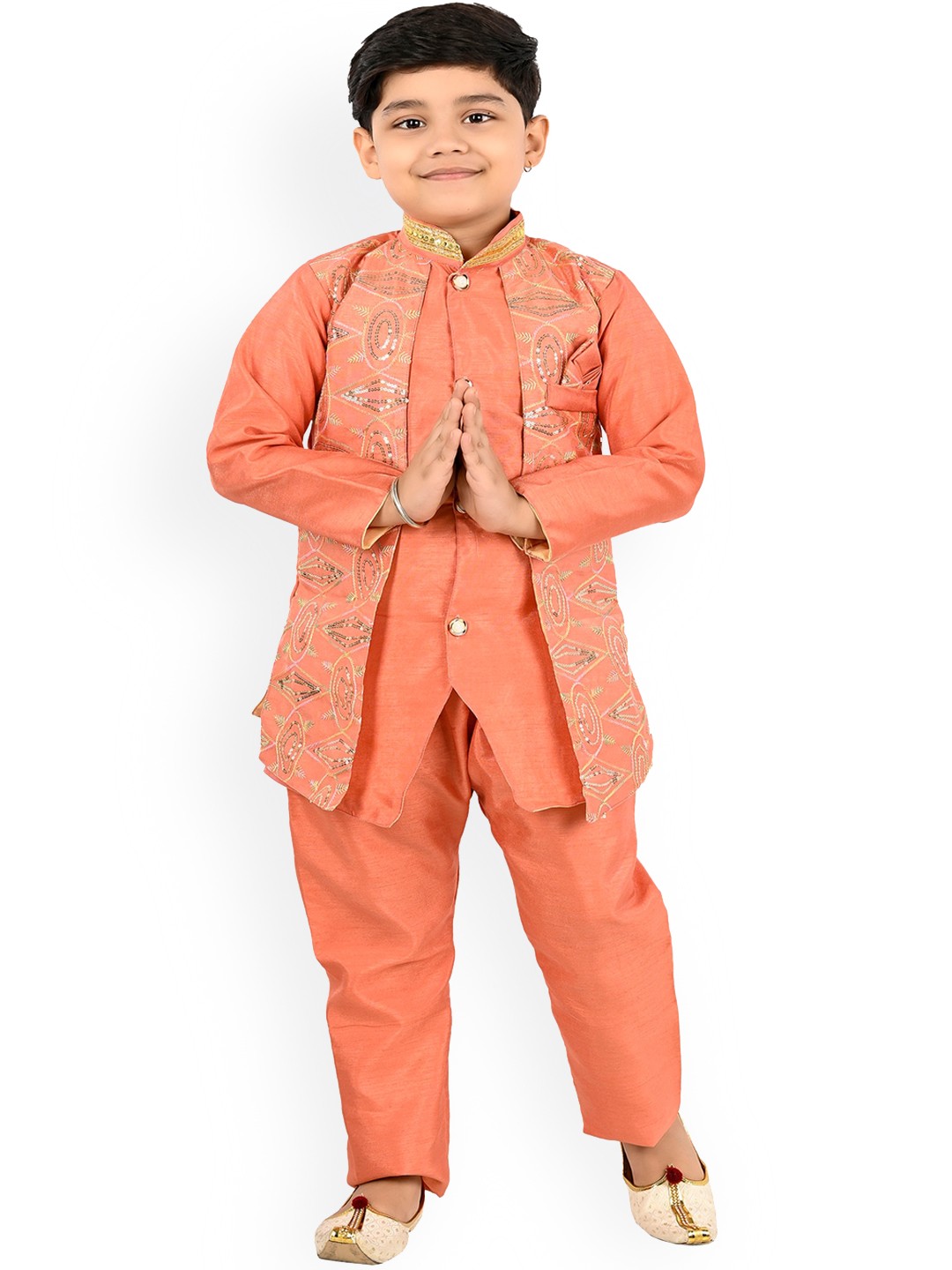 

BAESD Boys Embroidered Sequined Mandarin Collar Thread Work Kurta With Pyjamas & Waistcoat, Orange