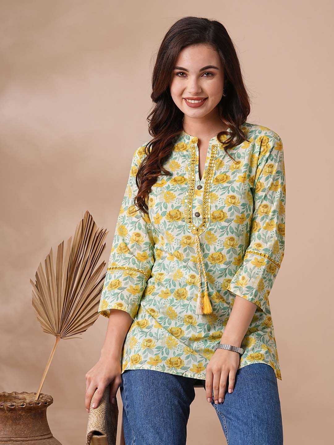 

INDYES Floral Printed Pure Cotton Mirror Work Kurti, Yellow