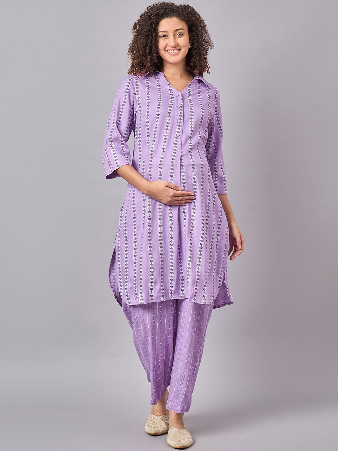 Mine4Nine Shirt Collar Printed Regular Maternity Kurta with Trousers, Purple