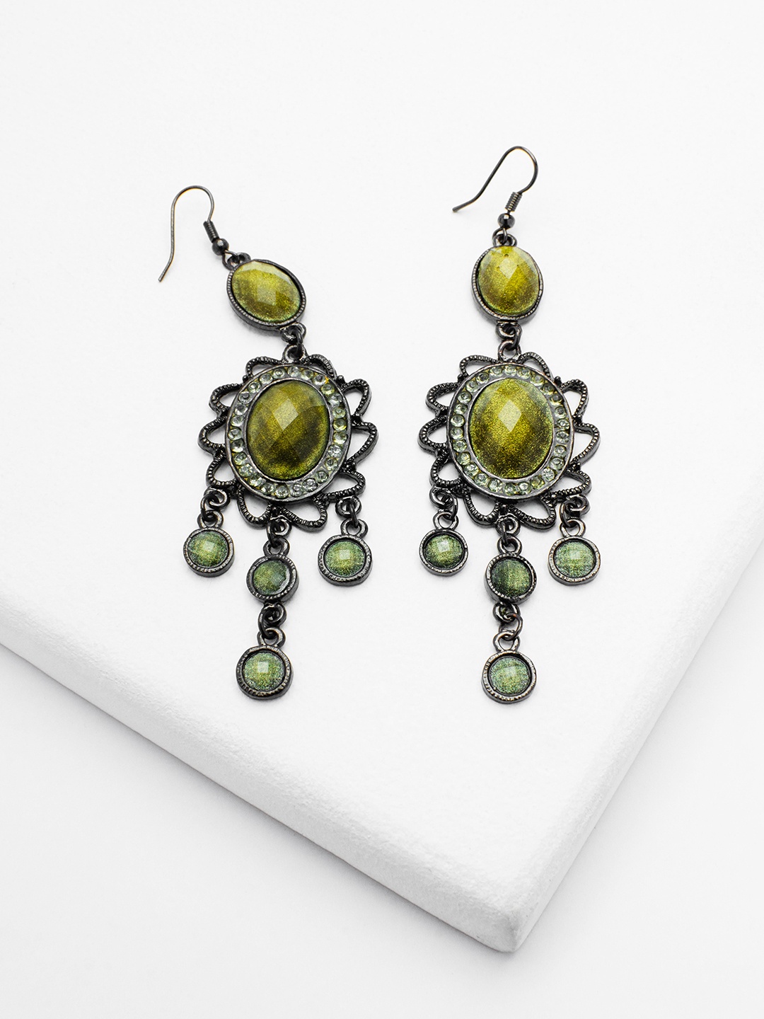 

Rhea Rhodium-Plated Stones Studded Contemporary Drop Earrings, Silver