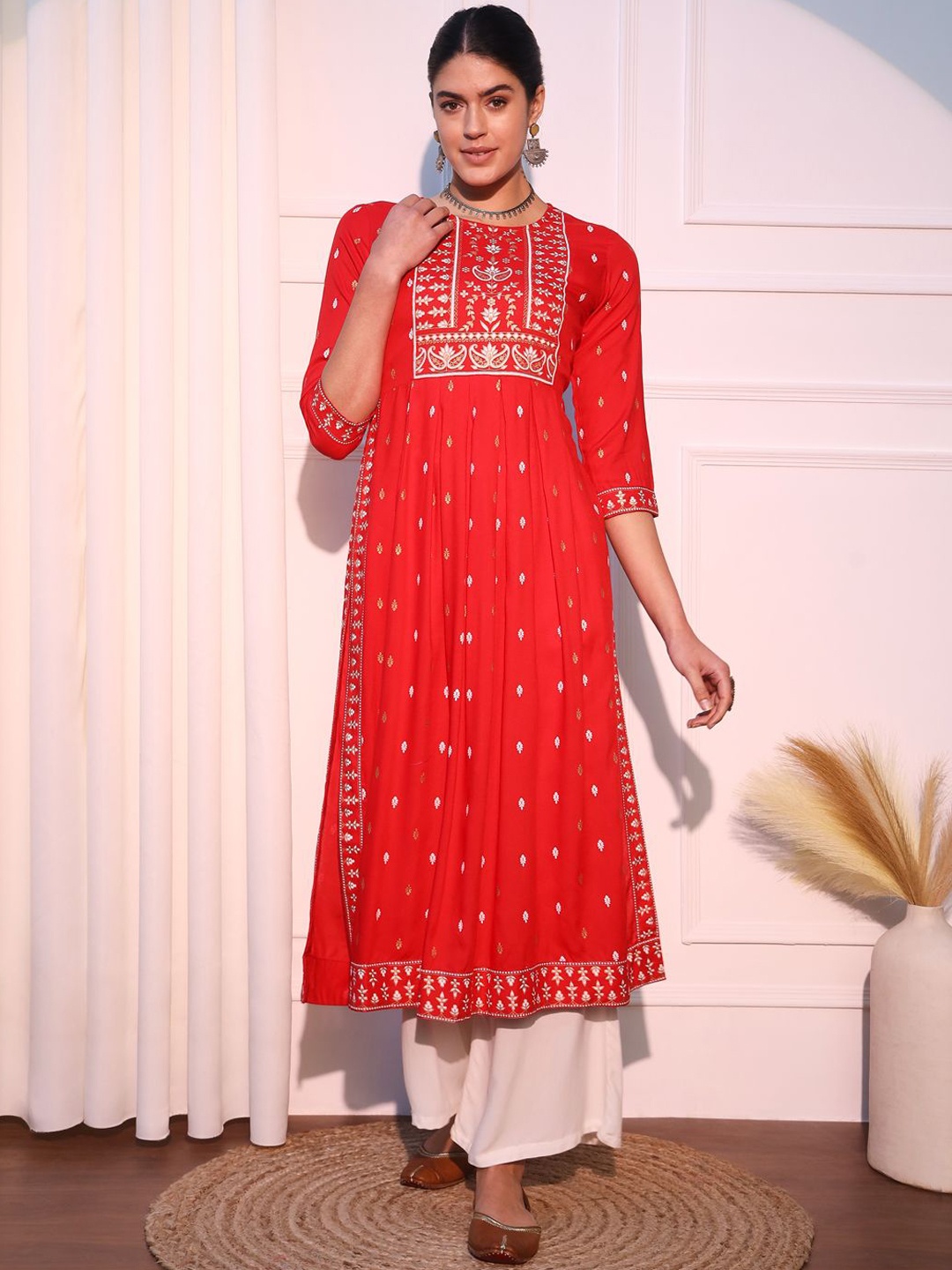 

KALINI Geometric Printed Embroidered A-line Kurta, Red