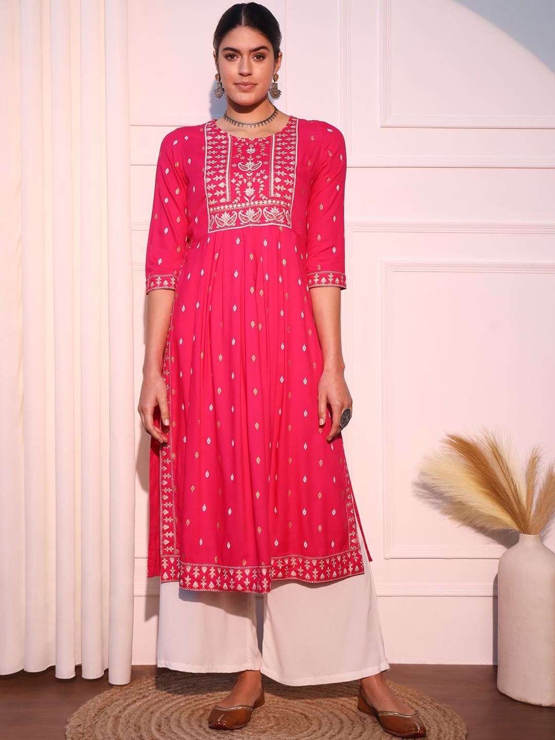 

KALINI Ethnic Motifs Printed Round Neck A-line Kurta, Pink