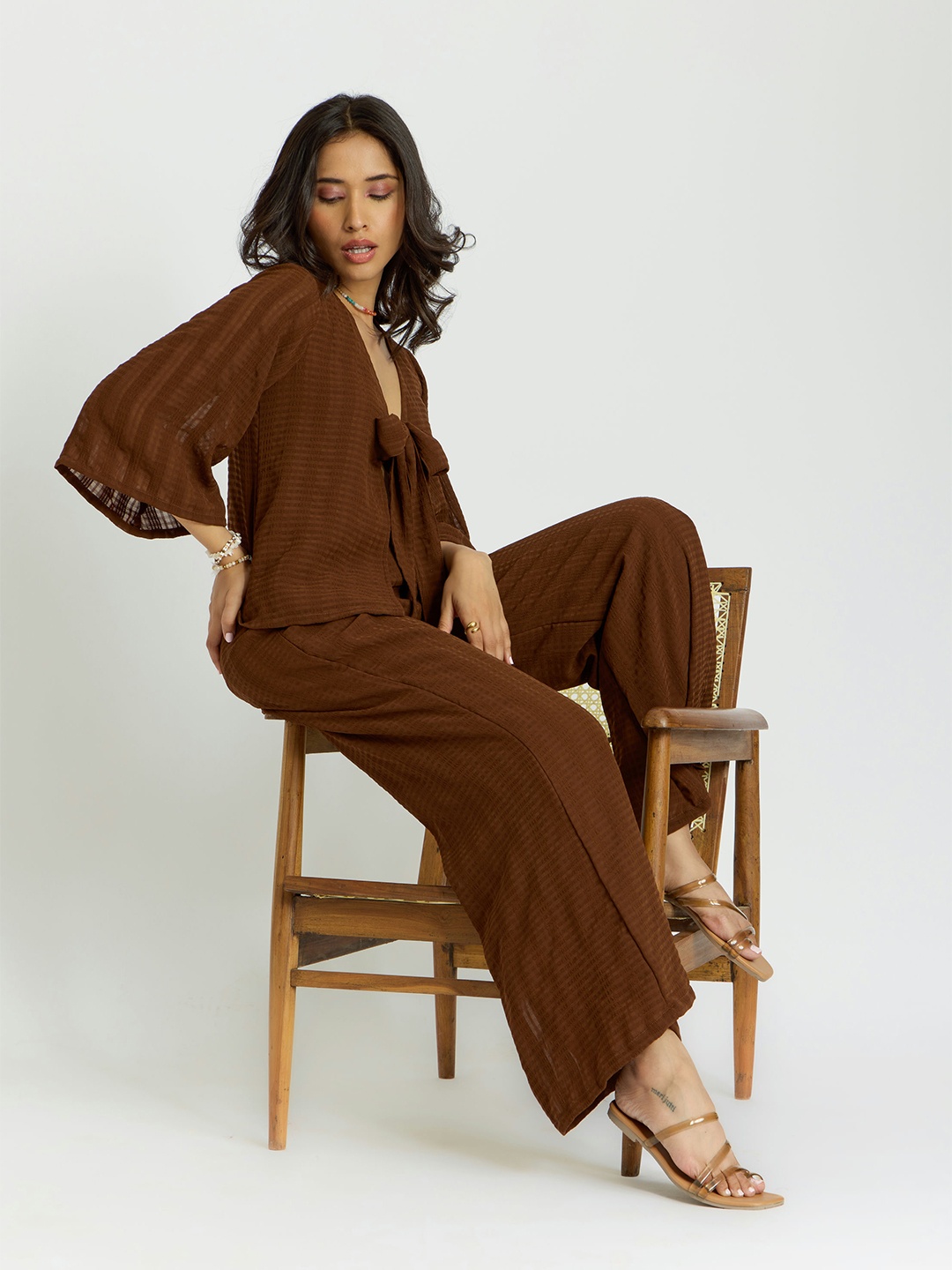 

Alaya By Stage3 Self Design Tie-Up Neck Top, Brown