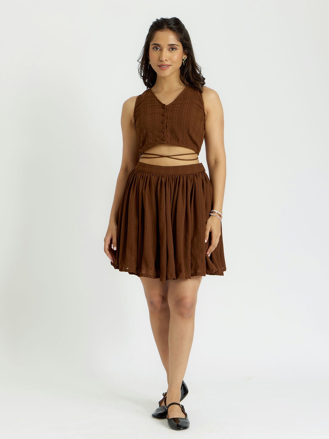 

Alaya By Stage3 Self Design Waist Tie-Ups V-Neck Top, Brown