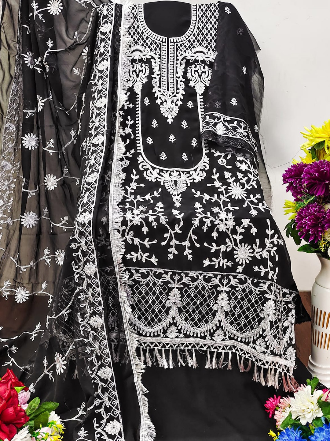 

ZEEPKART Ethnic Motifs Embroidered Unstitched Dress Material, Black