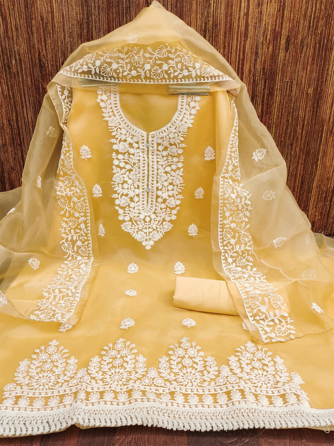 

ZEEPKART Ethnic Motifs Embroidered Organza Unstitched Dress Material, Mustard