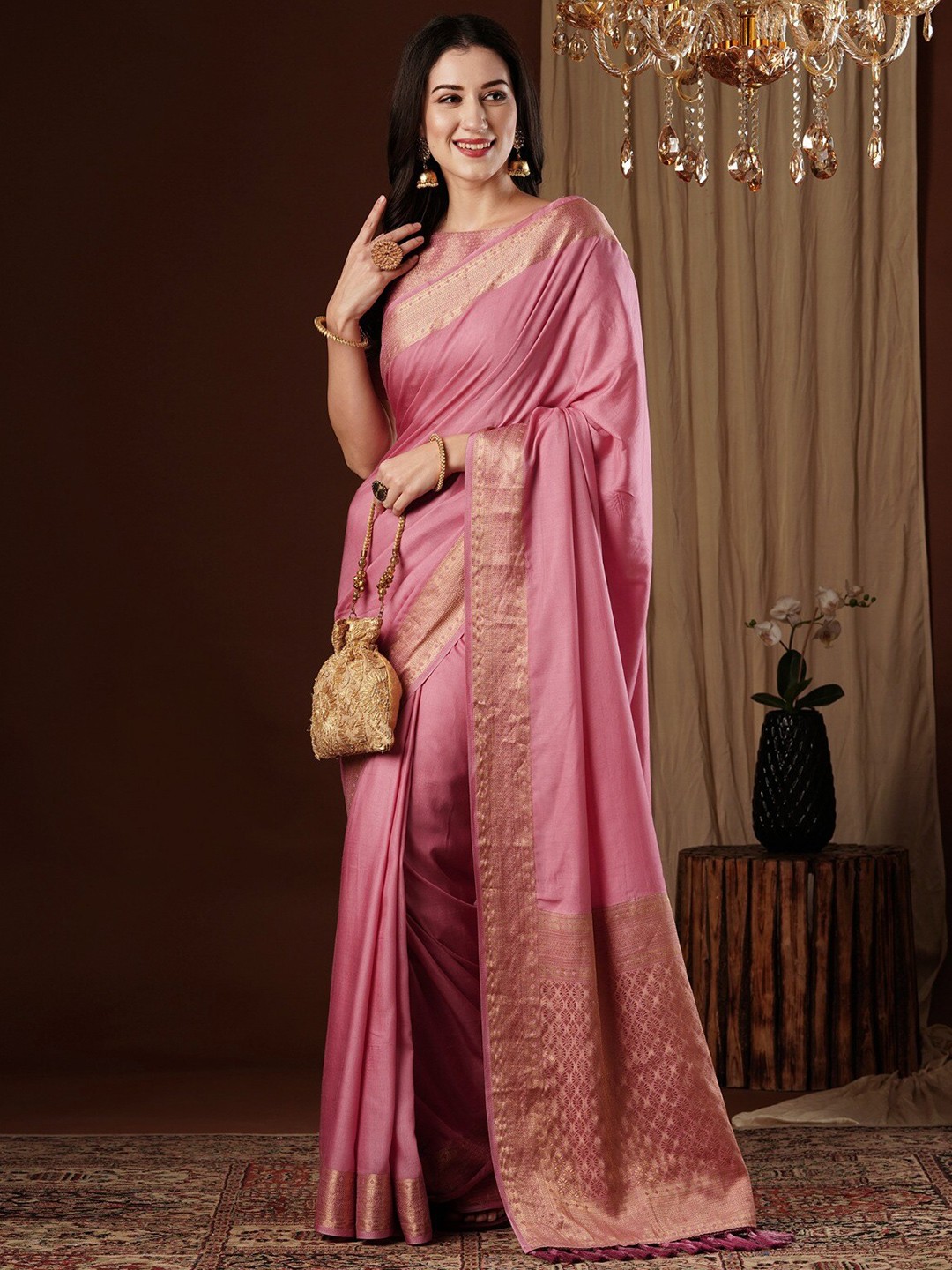 

FLOURIOUS Woven Design Zari Kanjeevaram Saree, Pink