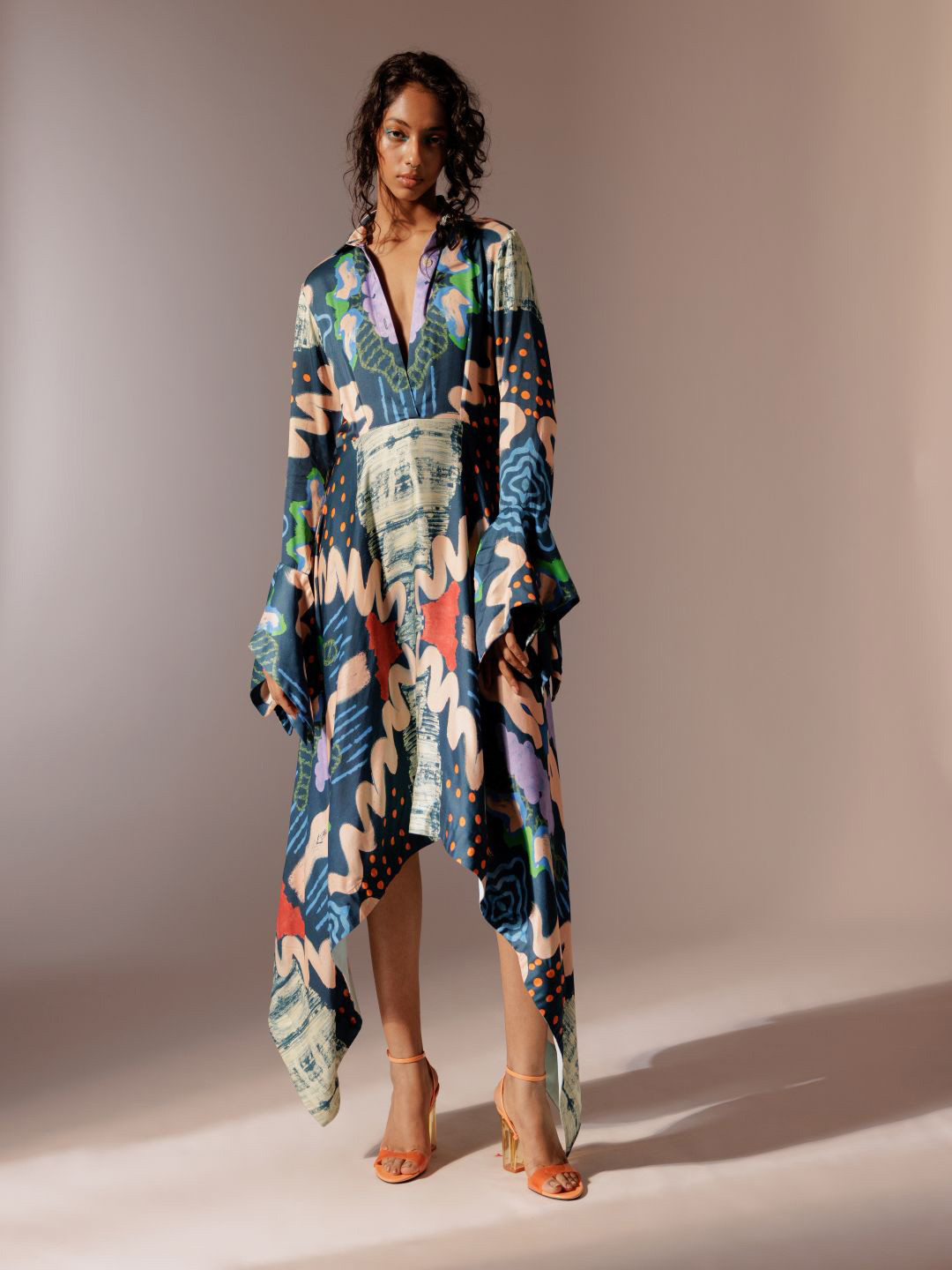 

Advait Abstract Printed Shirt Collar Long Bell Sleeves Asymmetric Satin A-Line Maxi dress, Green