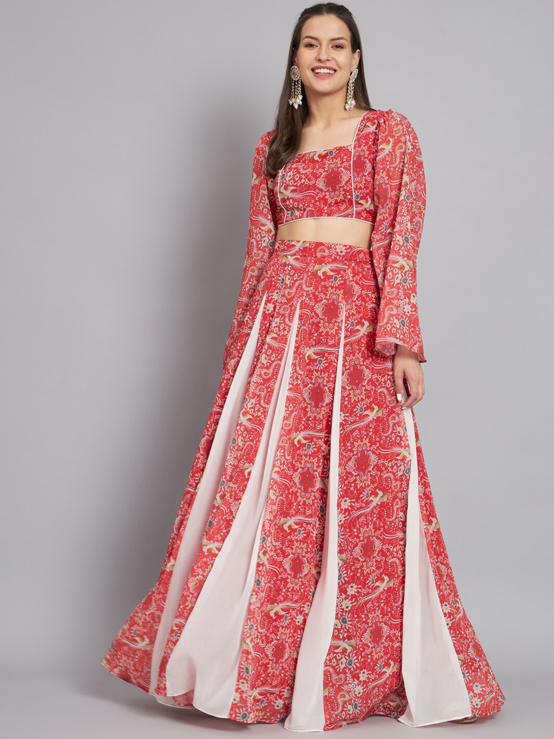 

KHIZAN Printed Square Neck Ready to Wear Lehenga & Blouse, Red