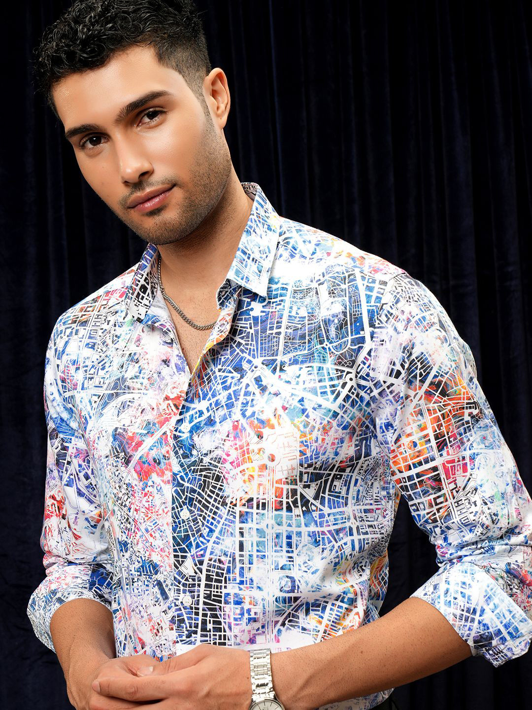 

LOCOMOTIVE Luxe Slim Fit Abstract Printed Satin Shirt, White