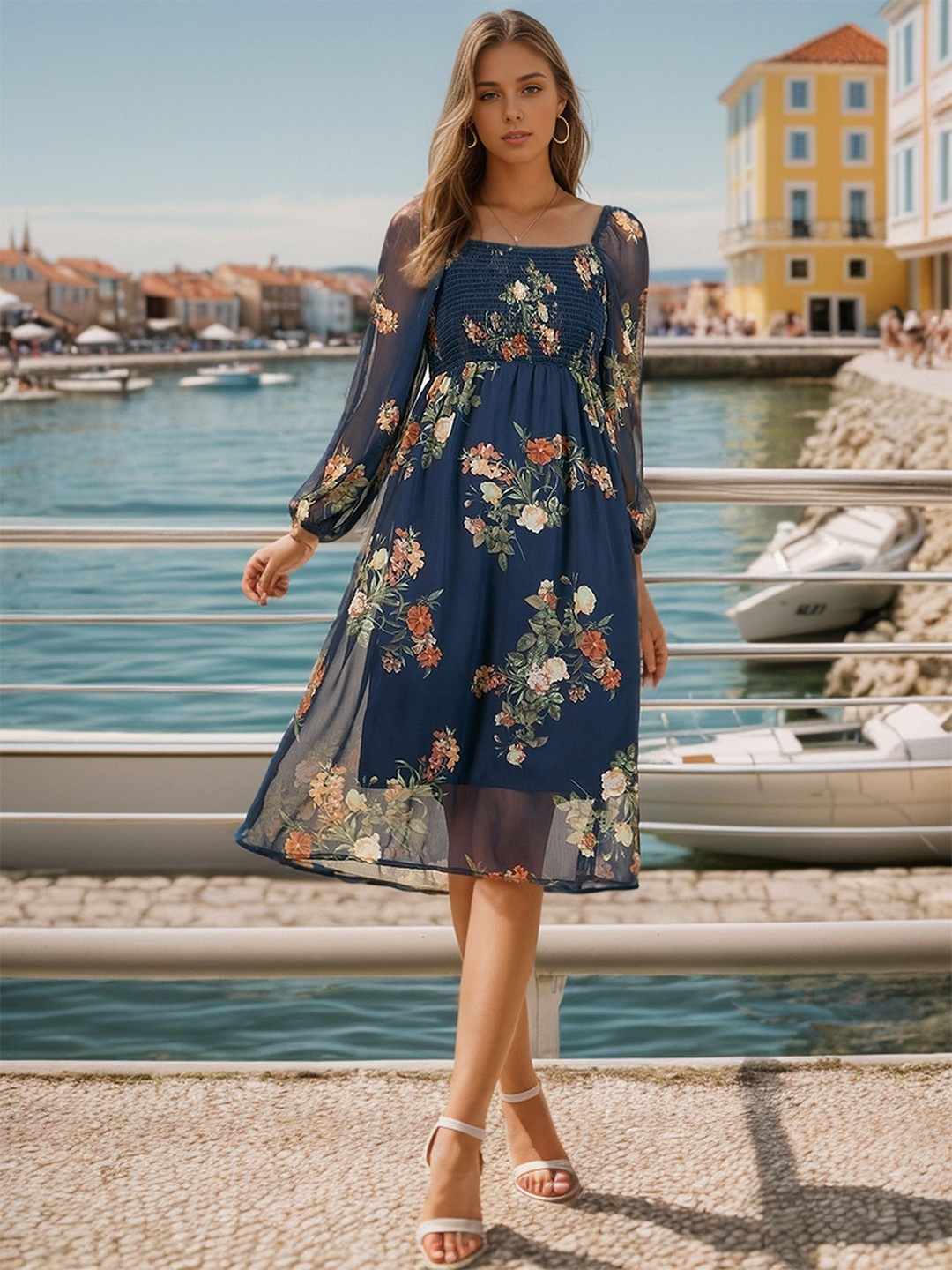 

RARE Floral Printed A-Line Dress, Navy blue