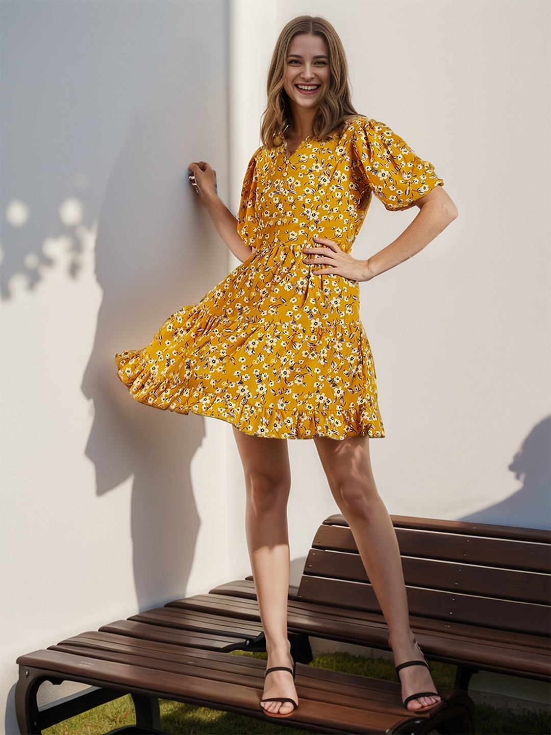 

RARE Floral Printed Flared Sleeve Fit & Flare Dress, Mustard