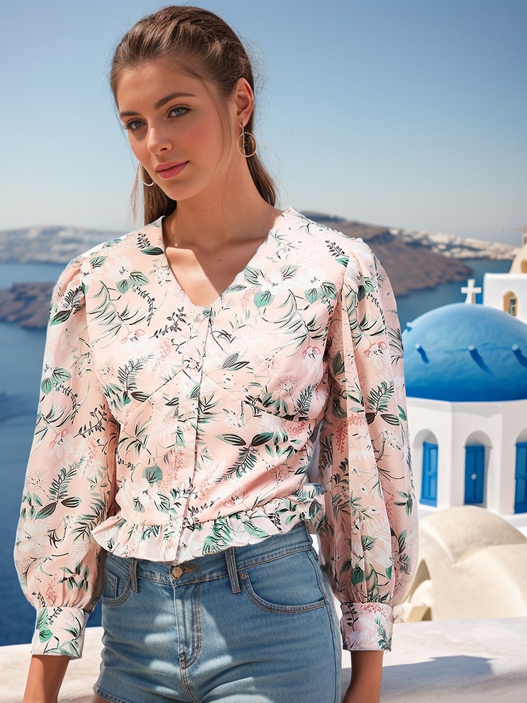 

RARE Floral Printed Cuffed Sleeves Georgette Top, Peach