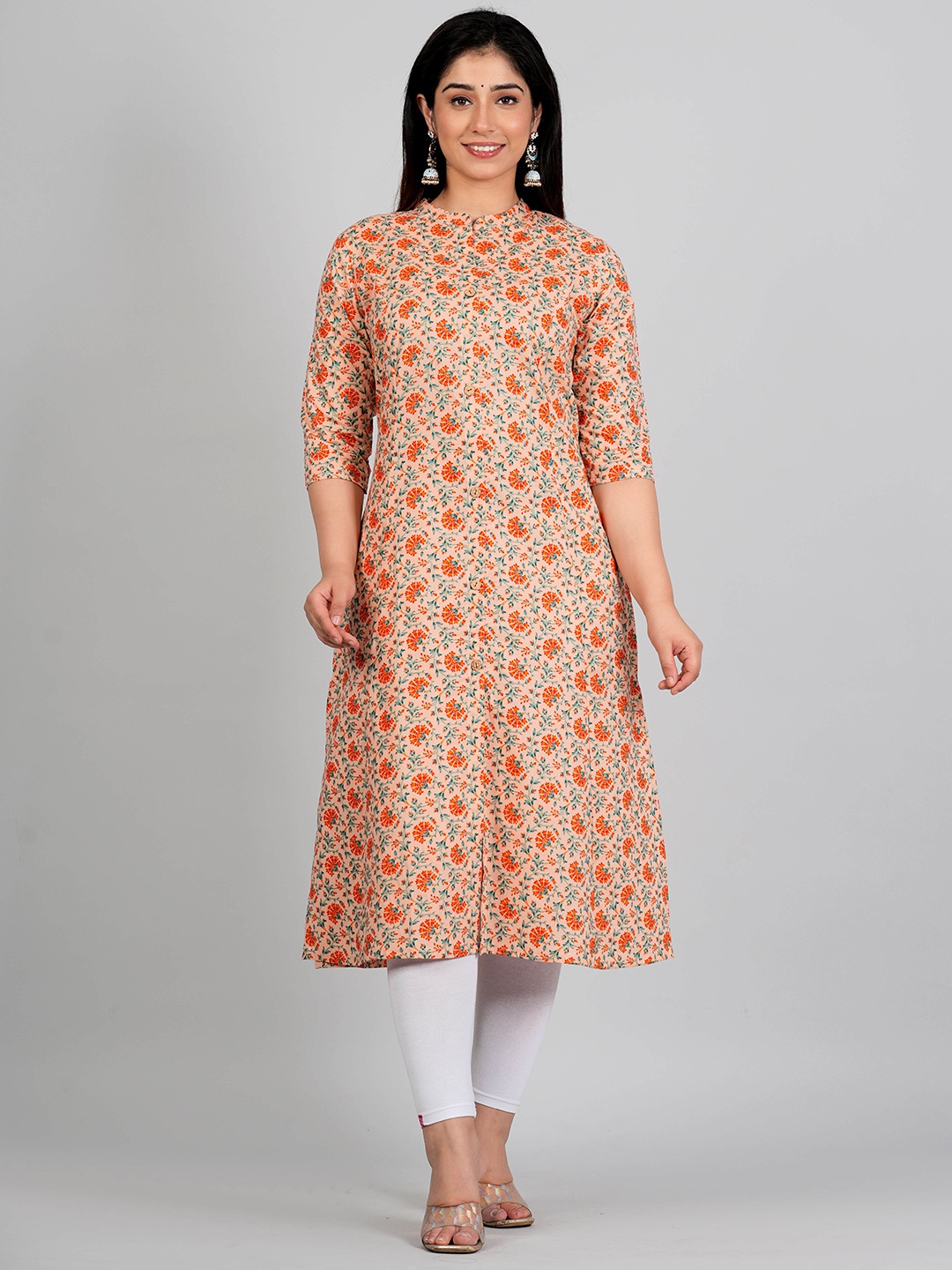 

Moktika Ethnic Motifs Printed Cotton A-Line Kurta, Peach