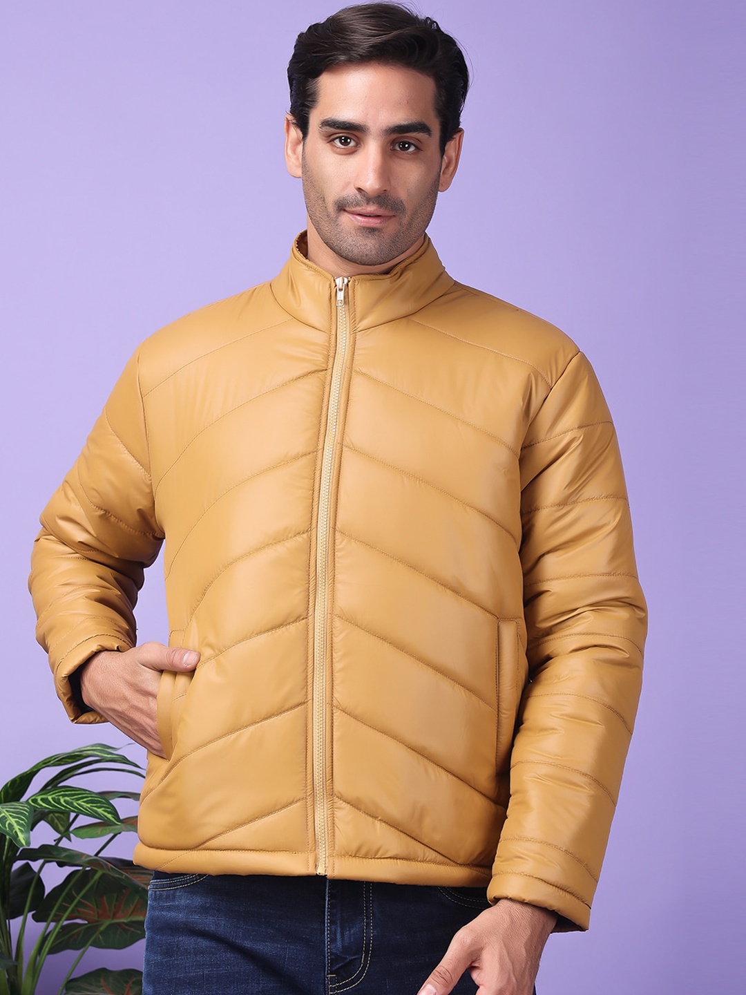 

Hangup Mock Collar Long Sleeves Lightweight Padded Jacket, Khaki