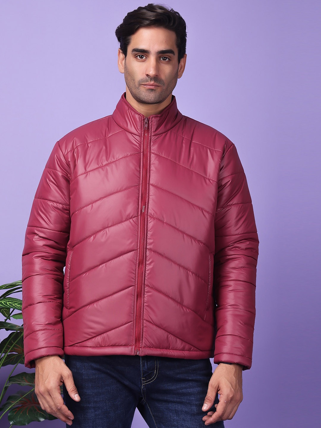 

Hangup Mock Collar Long Sleeves Lightweight Padded Jacket, Maroon