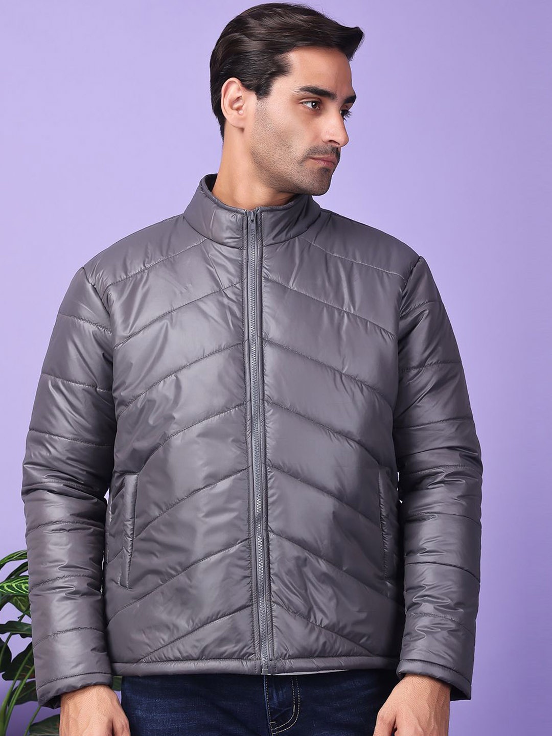 

Hangup Mock Collar Long Sleeves Lightweight Padded Jacket, Grey