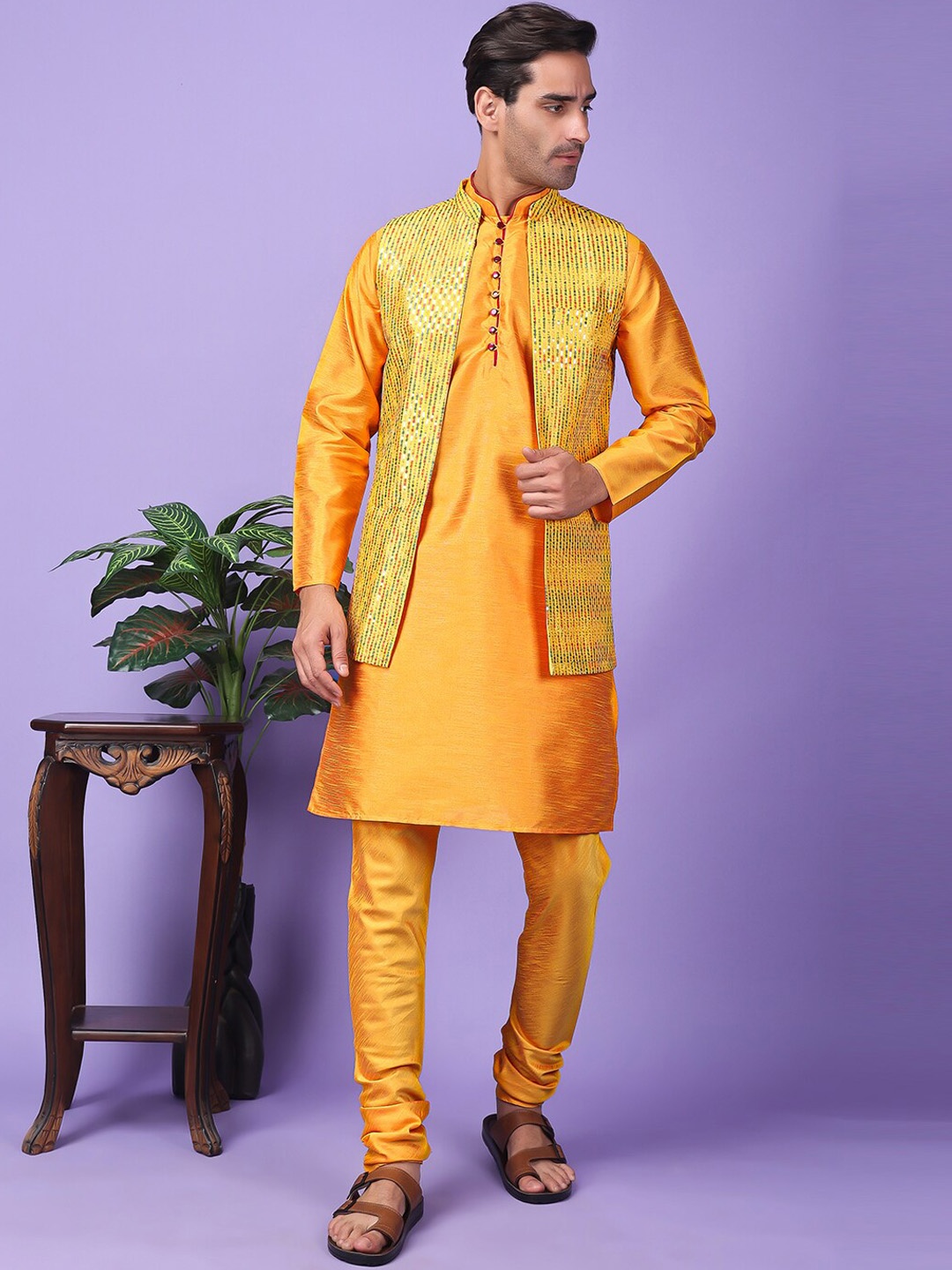 

Hangup Mandarin Collar Dupion Silk Straight Kurta with Pyjamas & Nehru jacket, Yellow