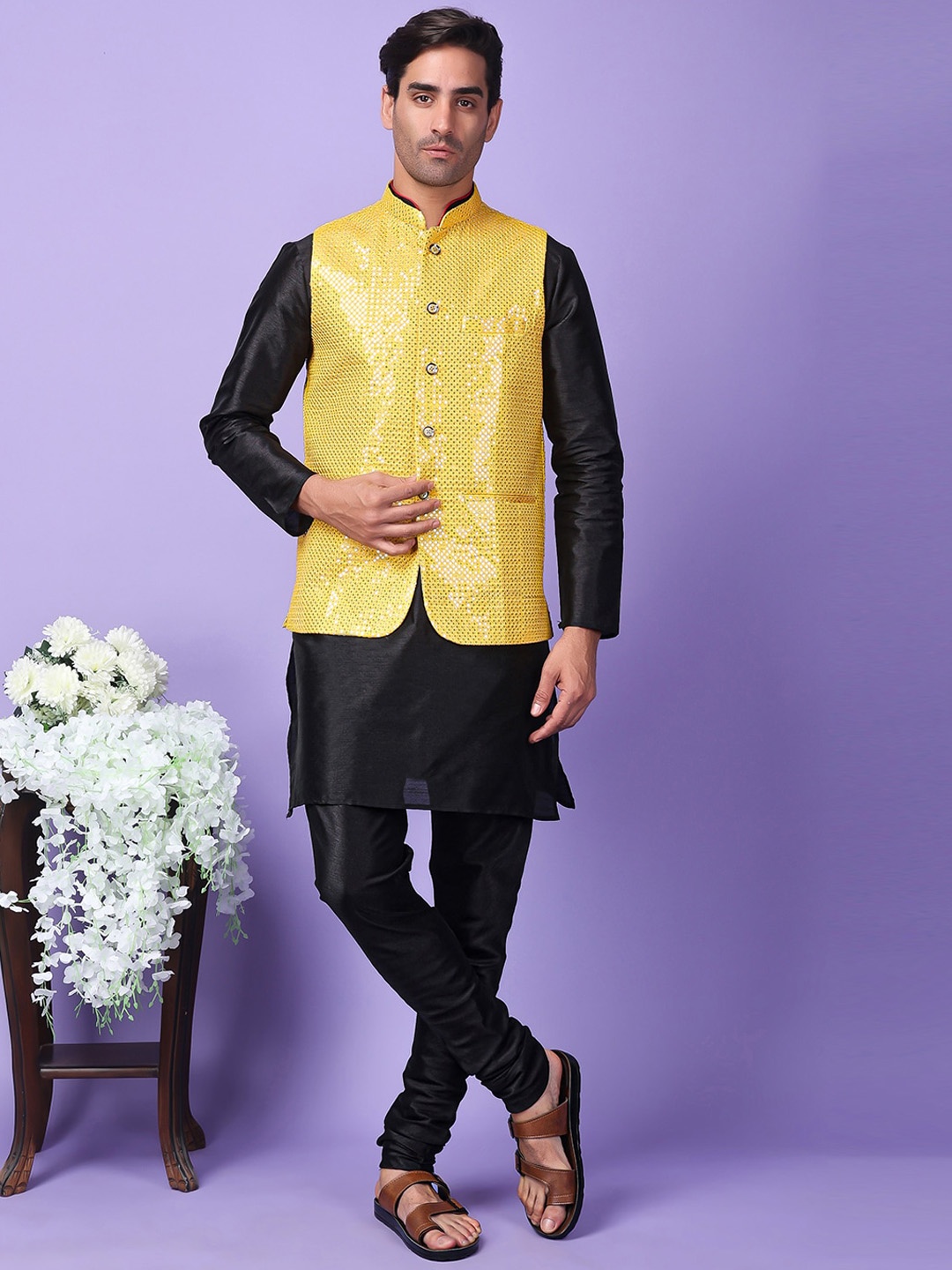 

Hangup Mandarin Collar Dupion Silk Straight Kurta with Pyjamas & Nehru jacket, Yellow