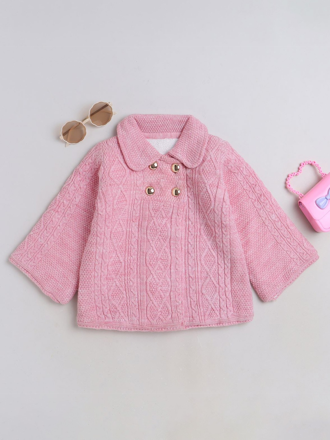 

Yellow Apple Girls Lapel Collar Woollen Cardigan Sweater, Pink