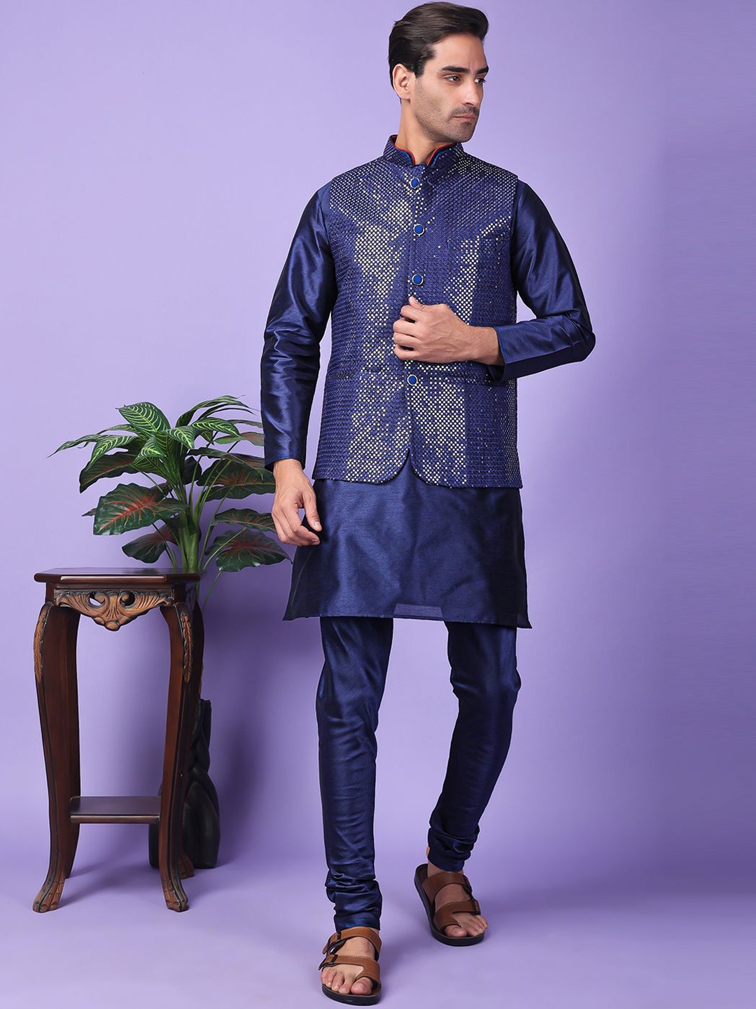 

Hangup Embellished Woven Nehru Jacket, Blue