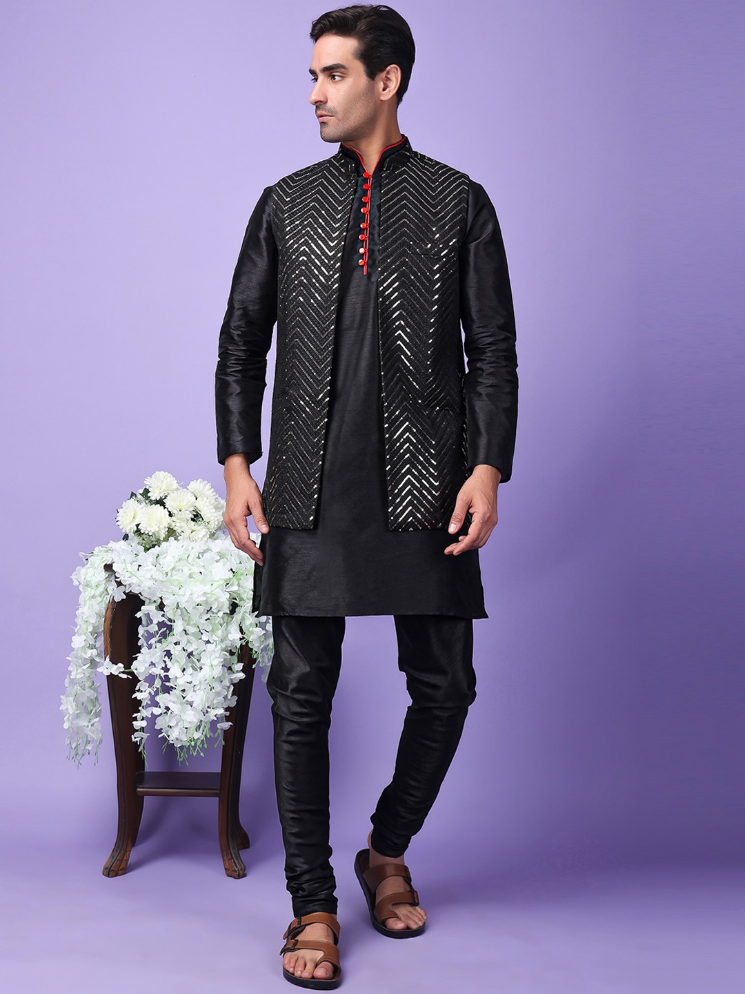 

Hangup Embellished Woven Nehru Jacket, Black