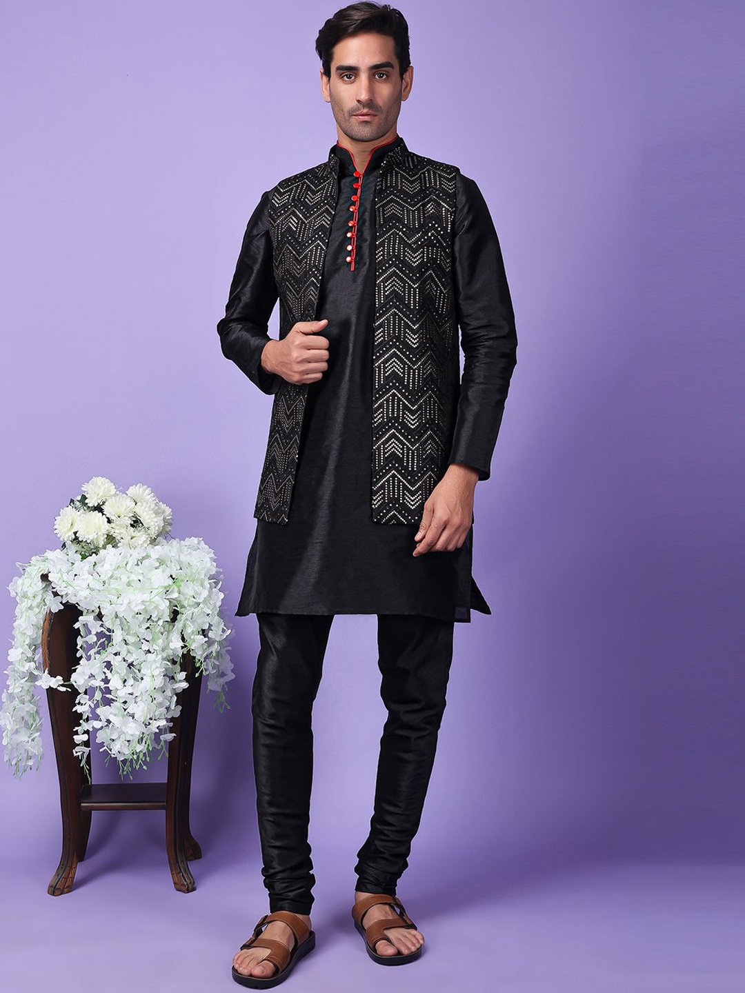 

Hangup Embellished Woven Nehru Jacket, Black