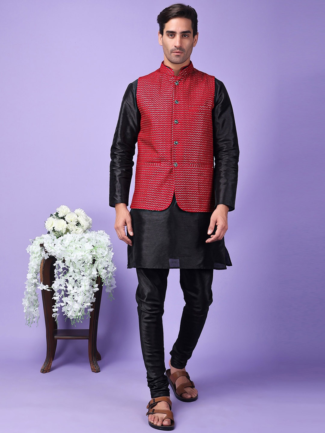 

Hangup Embellished Woven Nehru Jacket, Maroon