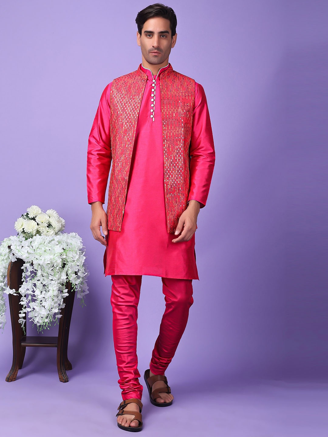 

Hangup Embellished Woven Nehru Jacket, Pink