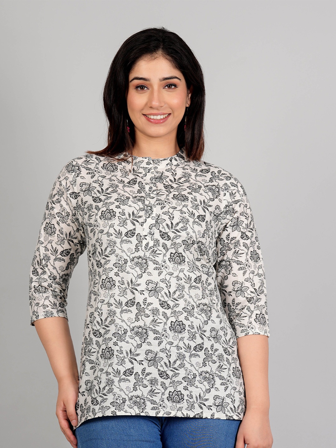 

Moktika Floral Printed Mandarin Collar Cotton Top, Black