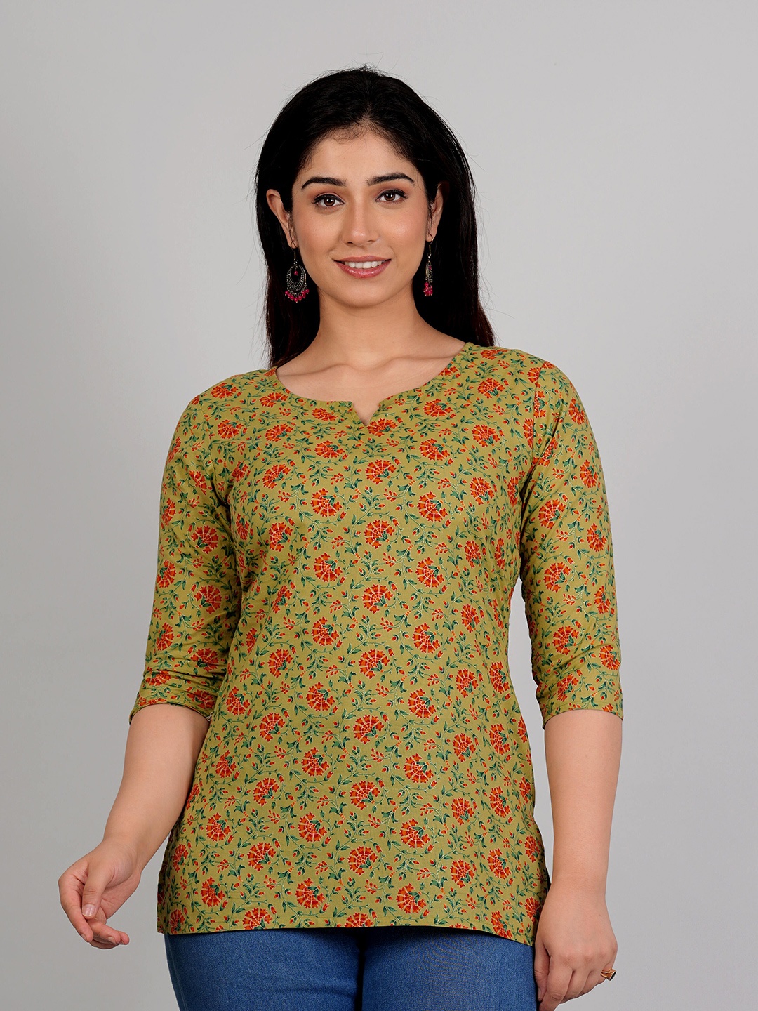 

Moktika Floral Printed Round Neck Cotton Top, Olive