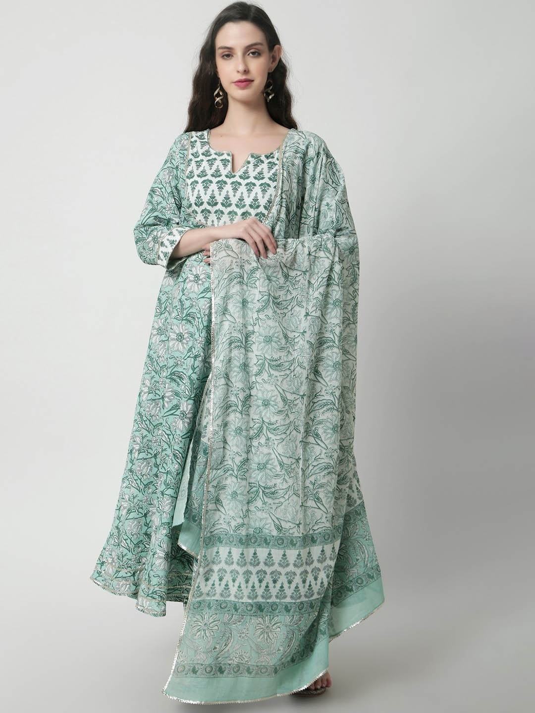 

Rubellite Notched Neck Ethnic Motifs Printed Anarkali Kurta with Trouser & Dupatta, Sea green