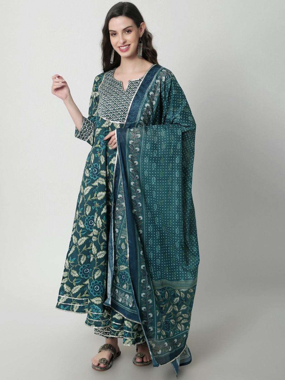 

Rubellite Notched Neck Floral Printed Anarkali Kurta with Trouser & Dupatta, Green