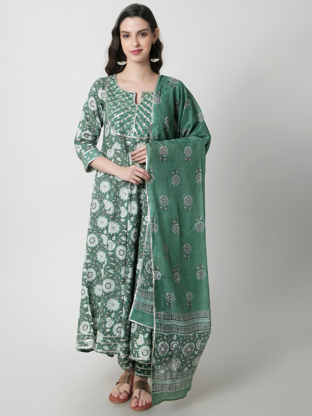 

Rubellite Floral Printed Gotta Patti Anarkali Kurta With Trousers & Dupatta, Green