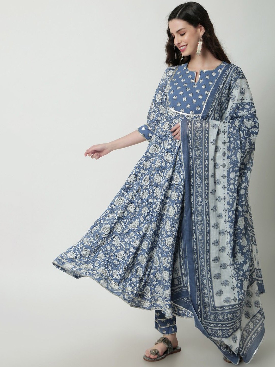 

Rubellite Notched Neck Floral Printed Anarkali Kurta with Trouser & Dupatta, Blue