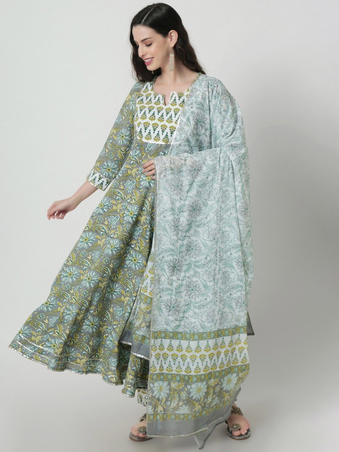 

Rubellite Floral Printed Gotta Patti Anarkali Kurta With Trousers & Dupatta, Grey
