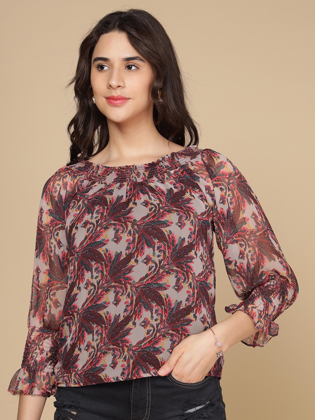 

Polago Clothing Floral Printed Off-Shoulder Cotton Bardot Top, Maroon